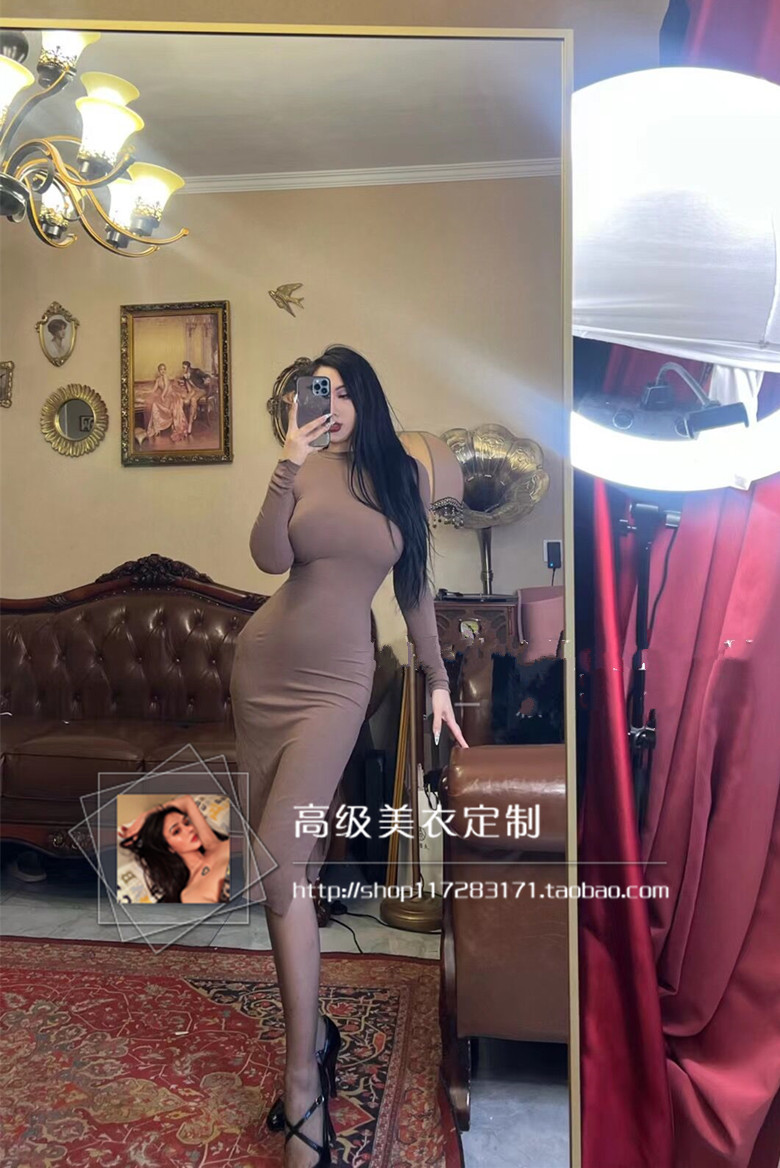 春秋欧美卡戴珊性感螺纹棉圆领显胸长袖修身开叉包臀中长连衣裙女