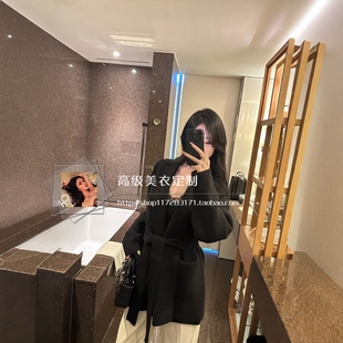 御姐高级感气质中长款针织毛衣开衫秋冬款宽松慵懒系带黑色外套女