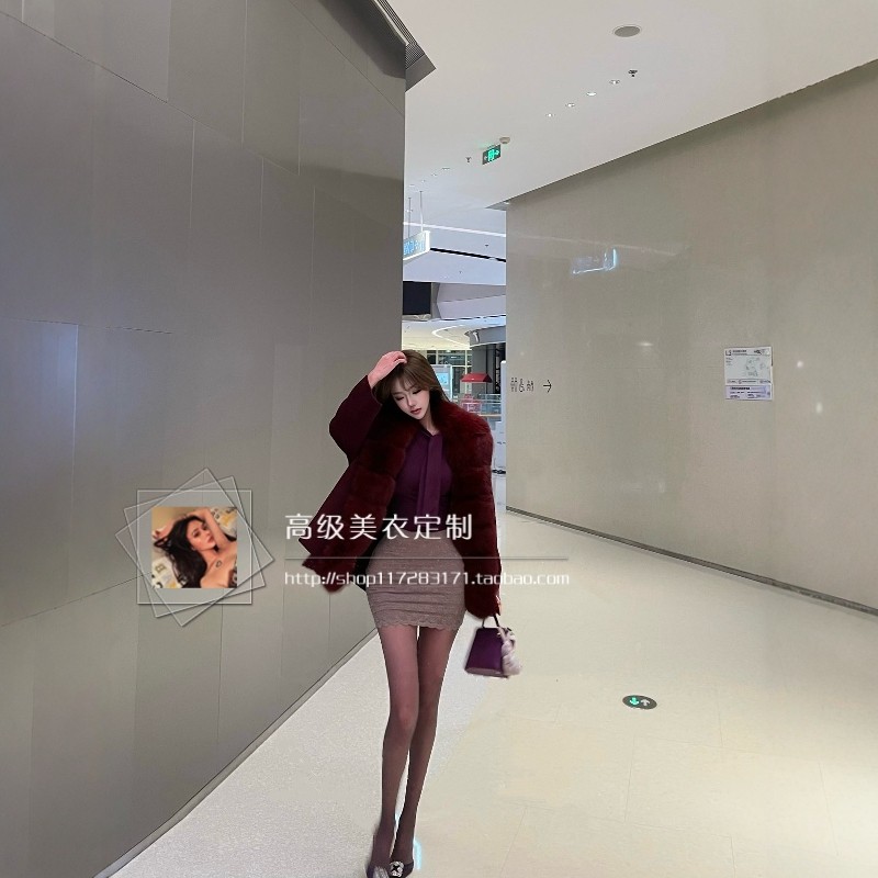 【时髦小姨】御姐酒红色中长款真狐狸毛气质大毛领双面羊毛大衣冬