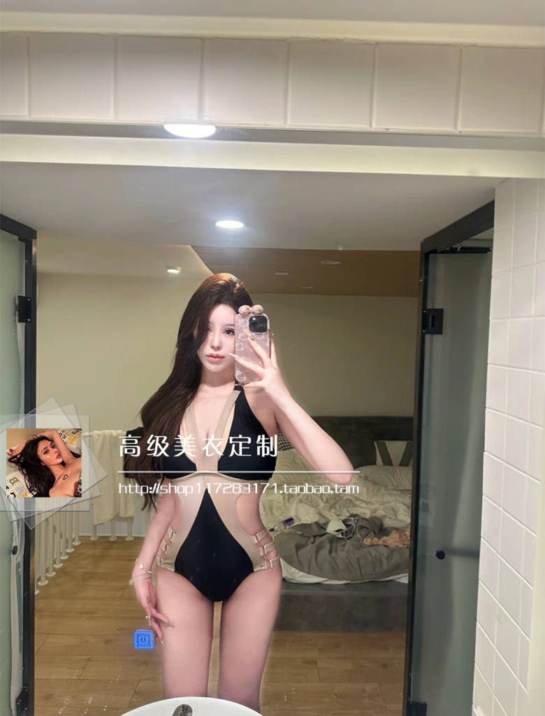 高级感泳衣ins连体三角性感显瘦沙滩比基尼黑色遮肚胸垫温泉泳装