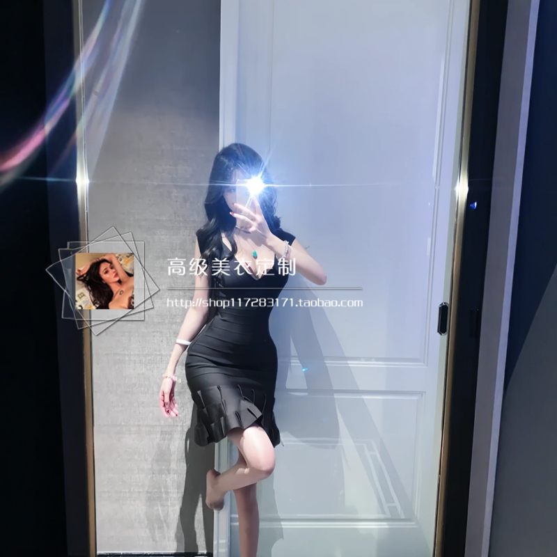 【娇俏媚娘】御姐高级感紧身绷带裙女性感V领无袖花边包臀鱼尾裙