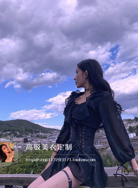 长袖收腰绑带暗黑辣妹显瘦蓬蓬裙