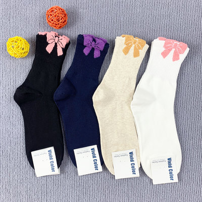 秋冬新款韩国东大门袜子女植绒立体蝴蝶结中筒棉袜秋冬款女士韩版