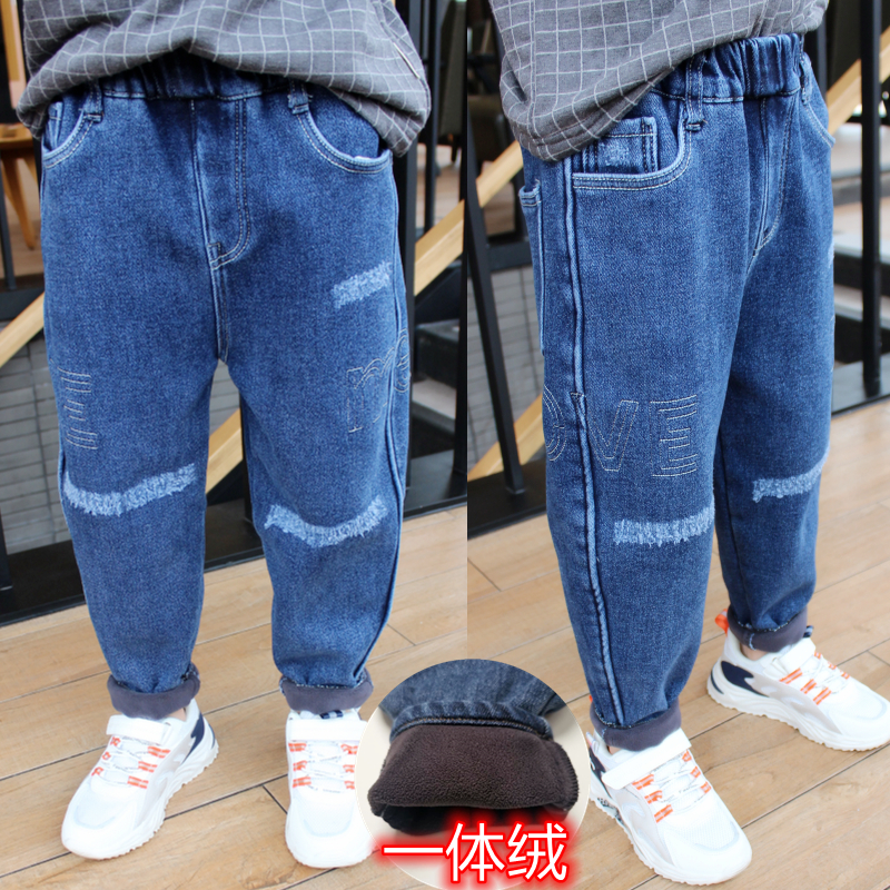 男童加绒牛仔裤中童冬装新款儿童一体绒裤子宝宝加厚长裤潮4-5岁6