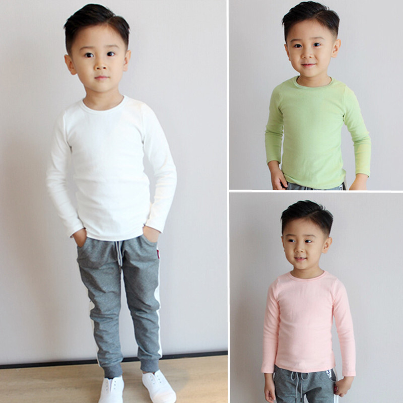 秋款童装儿童白色打底衫宝宝纯色上衣男童女童长袖纯棉圆领T恤潮