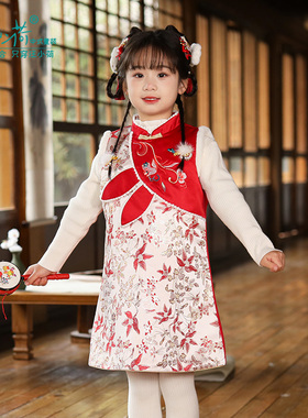 汪小荷童装汉服早春女童新款儿童旗袍中国风唐装女宝宝周岁礼服