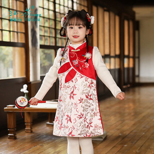 汪小荷童装汉服早春女童新款儿童旗袍中国风唐装女宝宝周岁礼服