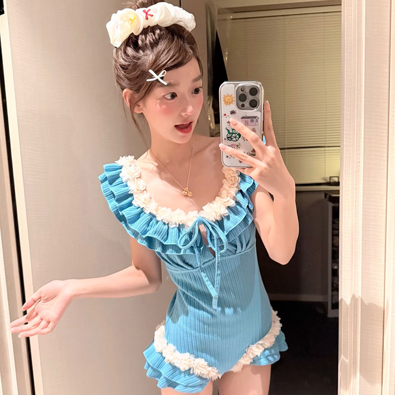 绝美孔雀蓝显白花朵连体泳衣女高级感小胸聚拢纯欲辣妹甜美泡温泉