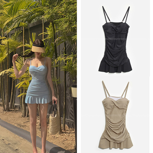 少女气质保守裙式 两件套钢托聚拢遮肚显瘦露背温泉度假游泳衣女