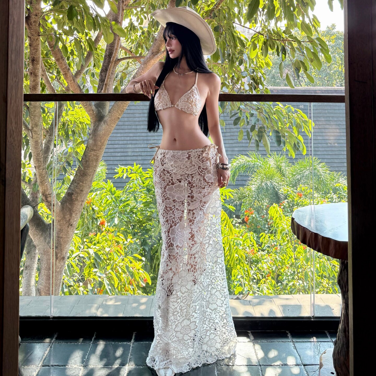 法式纯欲蕾丝镂空bikini性感温泉海边度假三件套拍照长裙泳衣女款