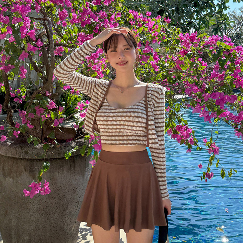 泳衣女士款条纹分体比基尼三件套高腰裙式长袖保守泡温泉2024新款