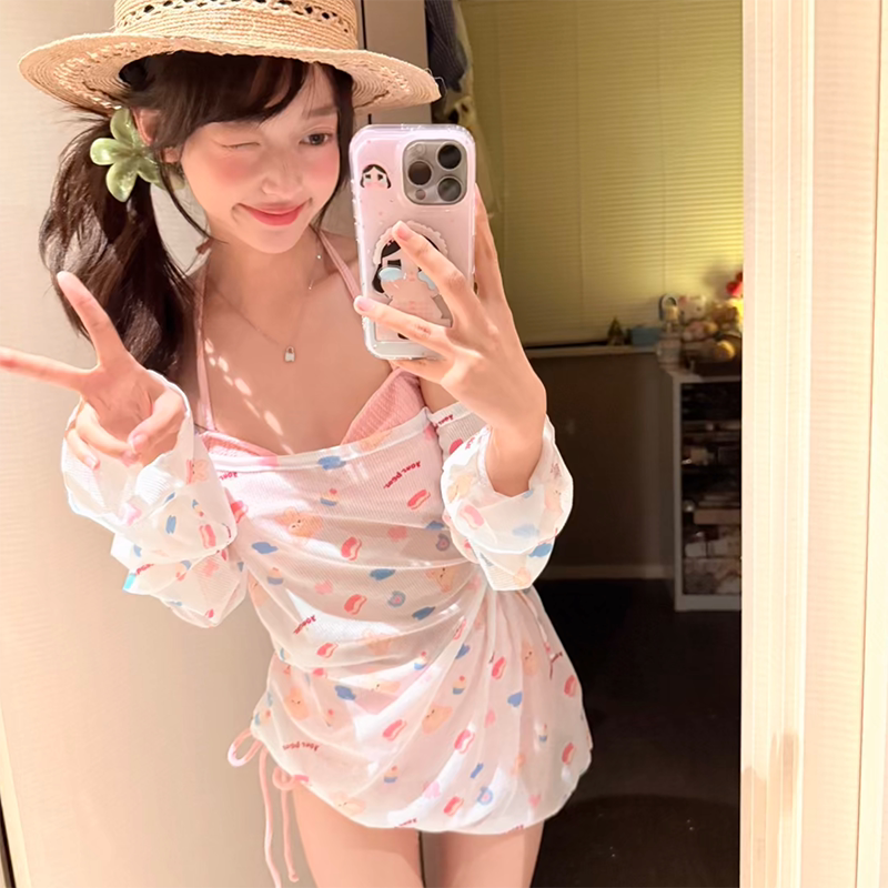 绝美纯欲小熊印花罩衫比基尼三件套小胸性感甜美分体泳衣女泡温泉
