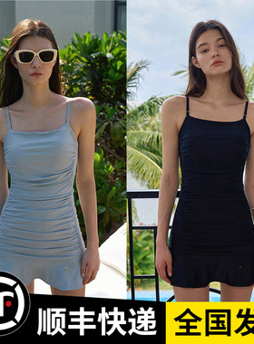 泳装女新款性感修身抹胸遮肚显瘦裙式连体泳衣女ins风纯色泳衣