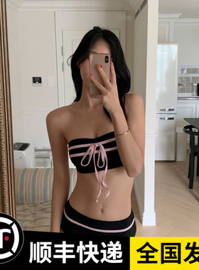 韩国2025新款泳衣女抹胸撞色性感比基尼复古高腰绝美高级感泡温泉
