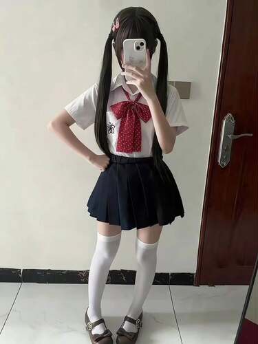 日系Jk制服樱花刺绣短袖衬衫叠穿绀色短裙校供感学院风小个子套装