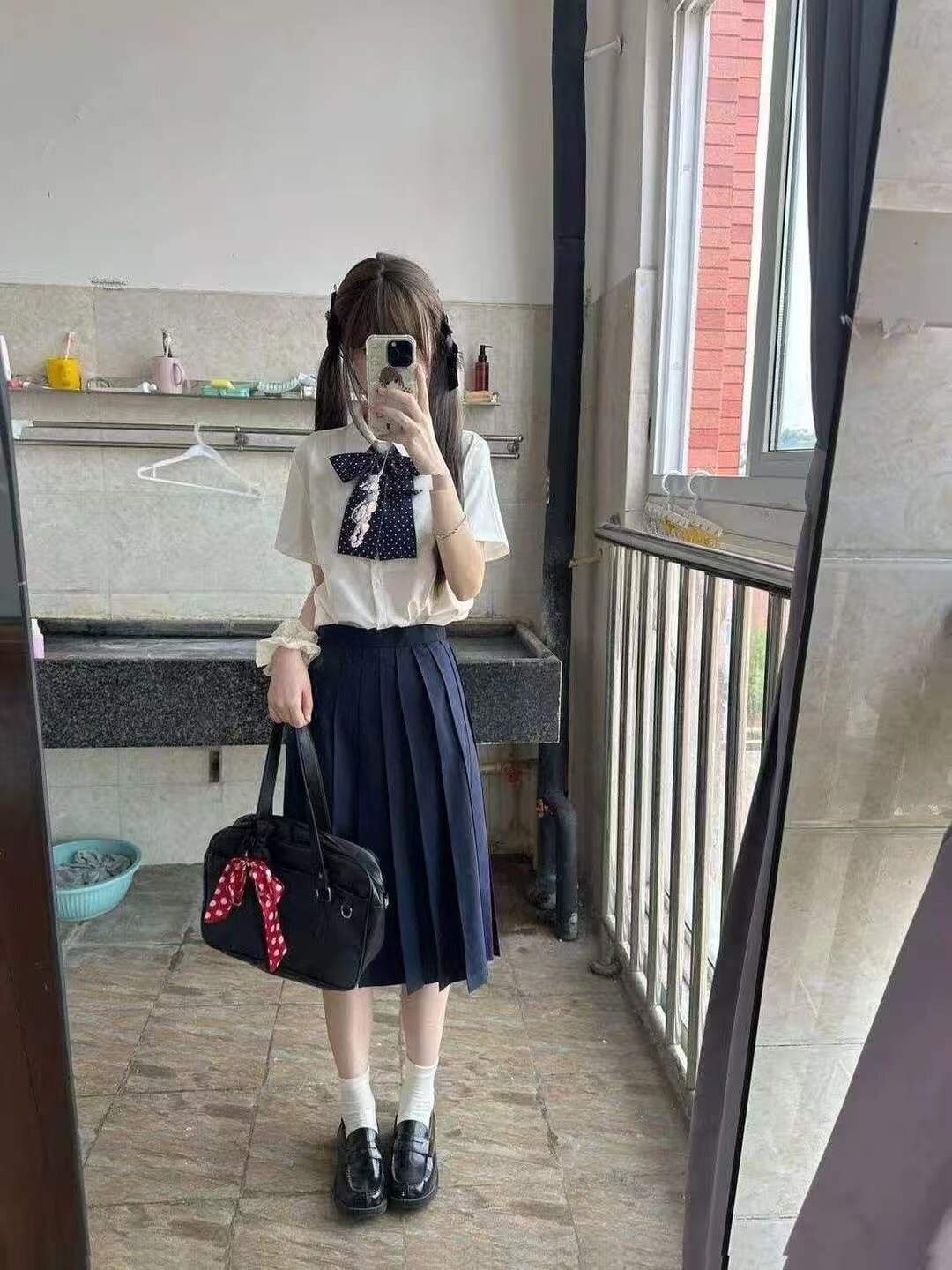 软妹风日系jk制服基础款短袖衬衫叠穿绀中裙夏季新款宽松百搭套装