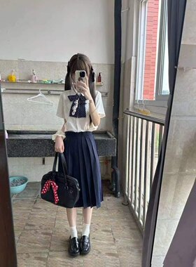 软妹风日系jk制服基础款短袖衬衫叠穿绀中裙夏季新款宽松百搭套装
