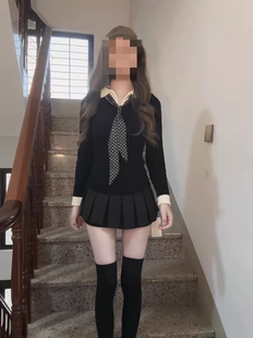 韩系原创jk制服女秋冬黑色麻花针织长袖毛衣叠穿黑色箱裙修身套装