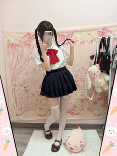 日系jk制服女学院风基础款百搭校服短袖白色衬衫叠穿绀色短裙套装