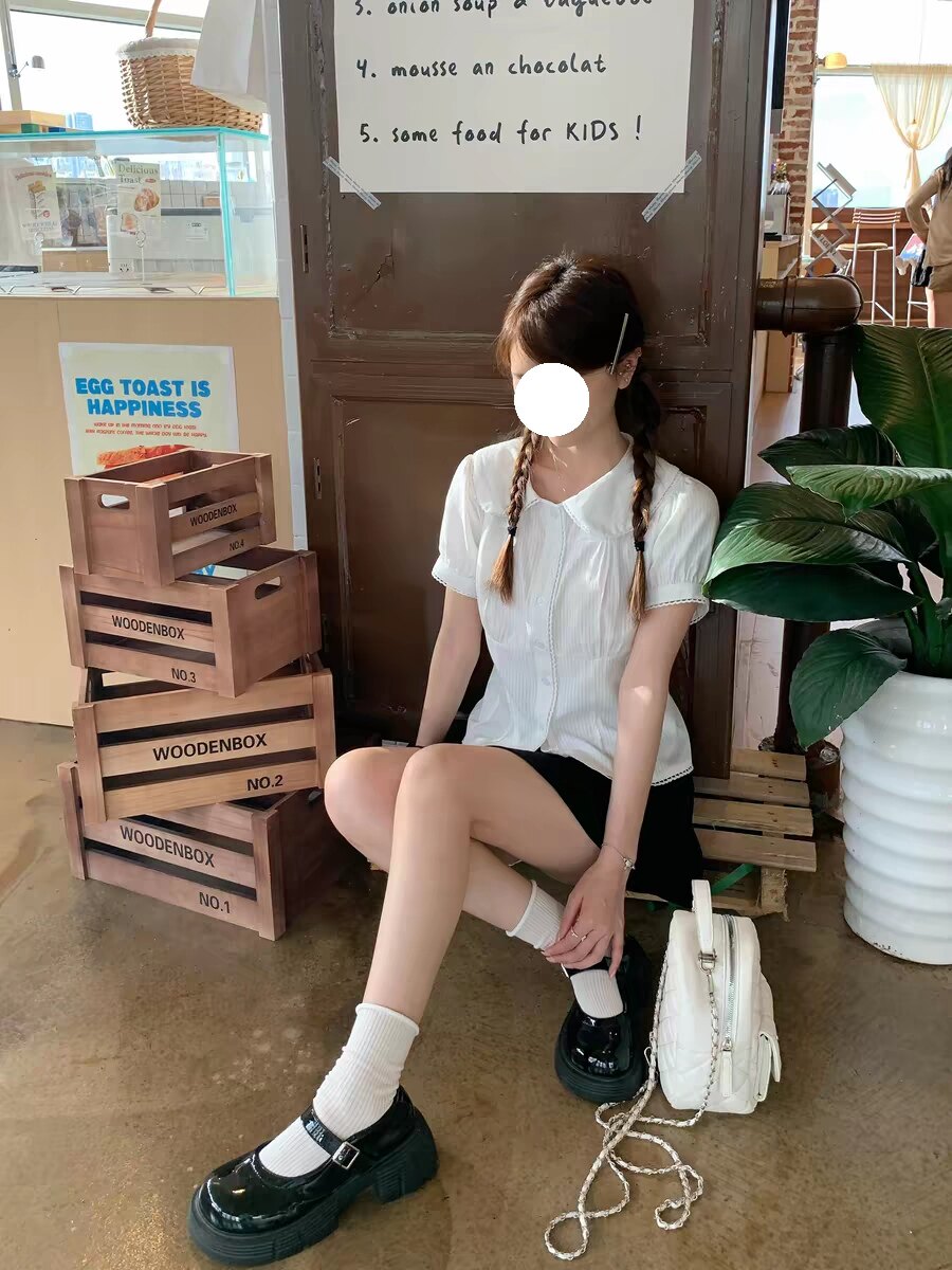 学院风女夏季甜美娃娃领收腰系带衬衫