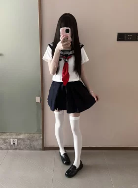 日系正版JK制服白三本短袖水手服基础款绀色短裙软妹风小个子套装