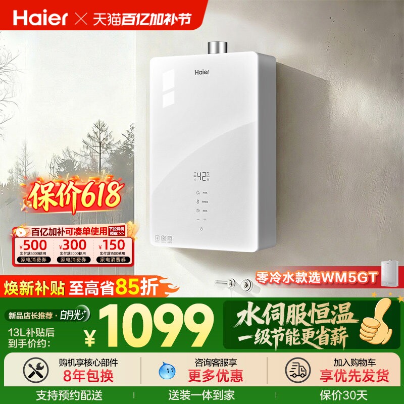 海尔官方燃气热水器天然气节能恒温水伺服16升13家用款白月光WM5C