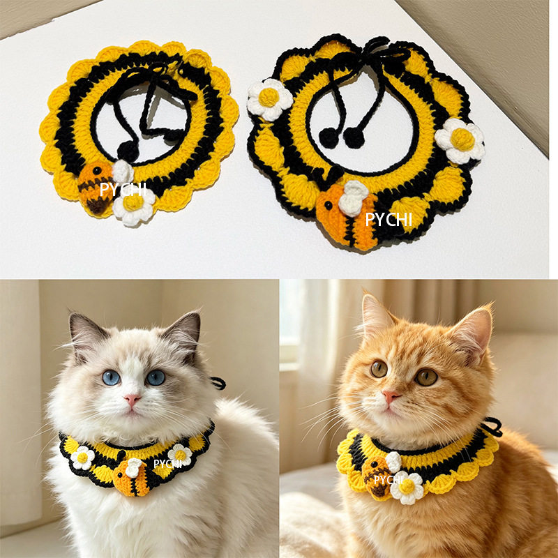 Crochet Bee Collar宠物毛线编织项圈猫咪口水巾蜜蜂围脖狗狗围嘴