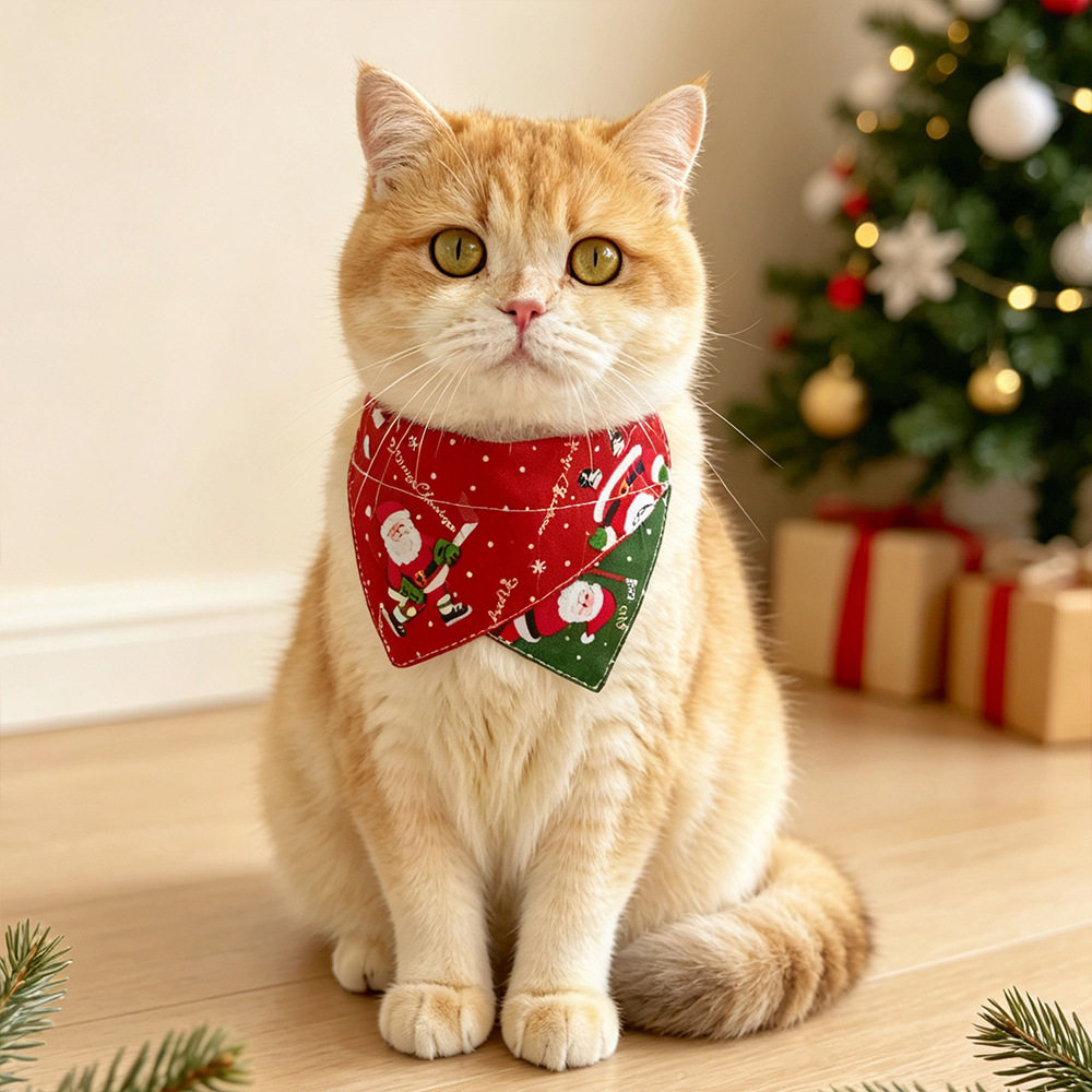 26新款猫咪圣诞节口水巾宠物派对配饰狗狗卡通三角巾老人红绿色