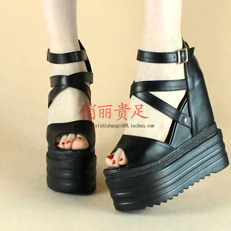 夏季新款13CM超高跟厚底松糕鞋镂空内增高鱼嘴单鞋坡跟女凉鞋