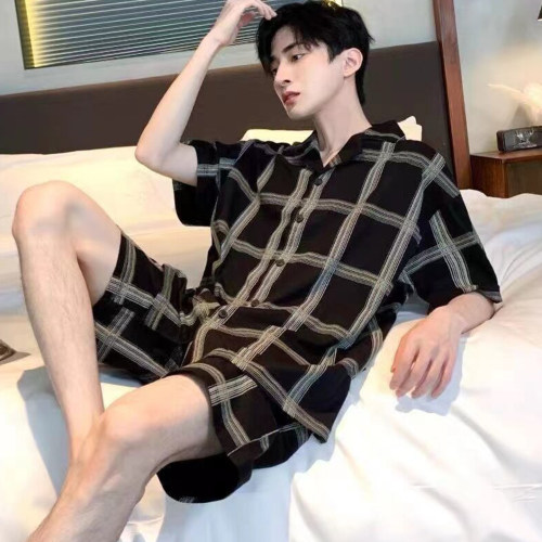 夏天黑色格子可外穿纯棉男士睡衣