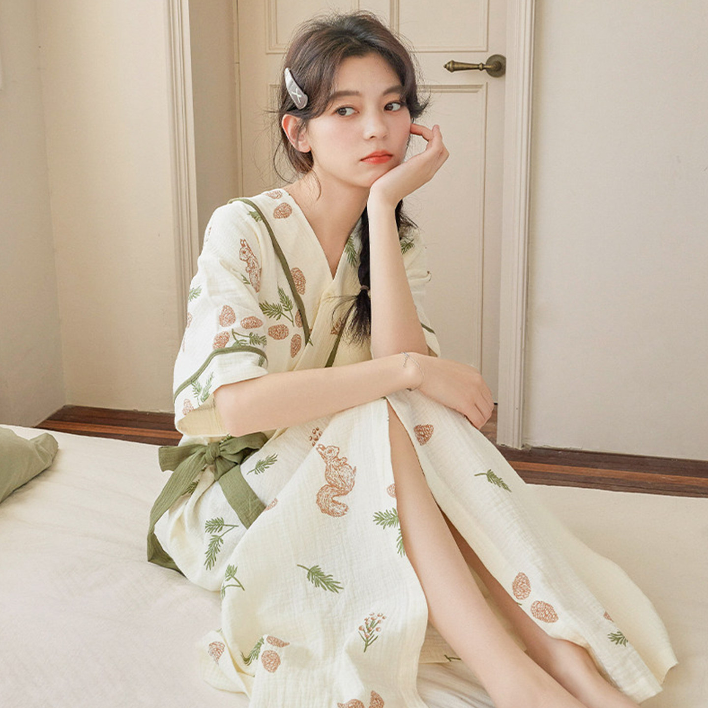夏季短袖云朵棉吸水甜美女士睡袍图片