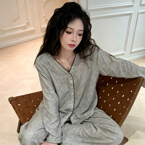 春秋季长袖全棉款可外穿女士睡衣