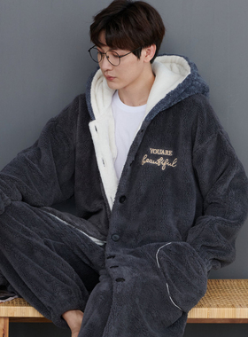 维多利亚珊瑚绒睡袍男款冬季加厚保暖特加大码300斤法兰绒家居服