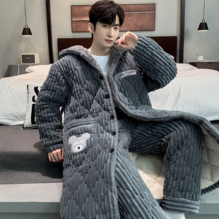 维多利亚三层夹棉睡袍男款冬季加厚珊瑚绒青少年可外穿家居服套装