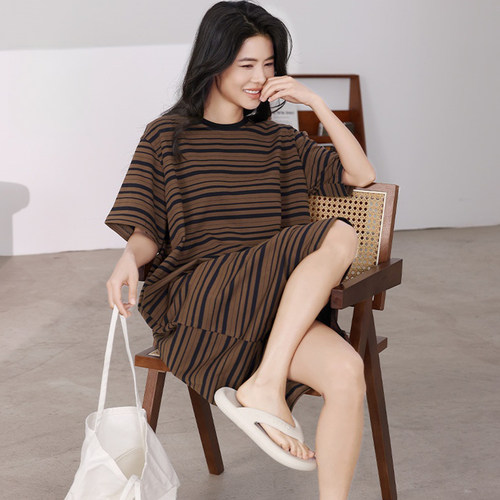 夏季经典条纹可外穿纯棉女士睡裙
