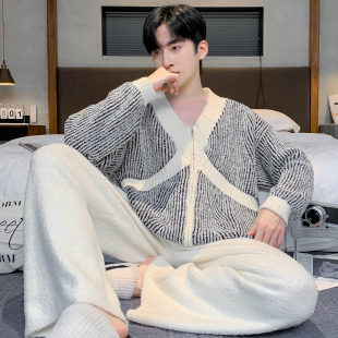 维多利亚半边绒睡衣男款冬季加绒加厚保暖轻奢舒适拉链家居服套装