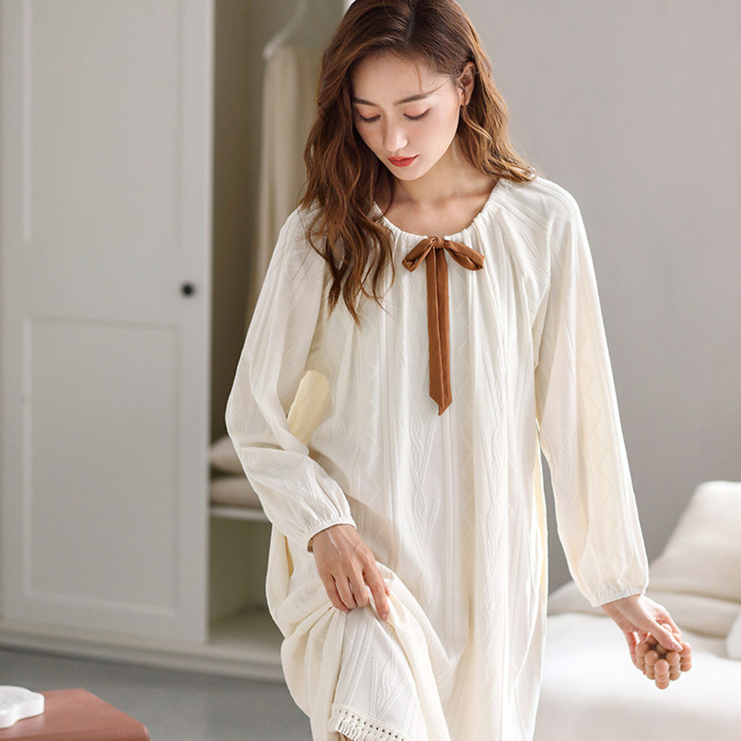 维多利亚春秋款纯棉睡裙女款长袖长裤连衣裙可外穿圆领棉质家居服