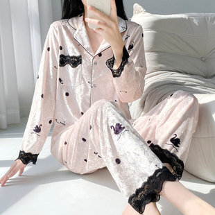 维多利亚金丝绒睡衣女款2026新款长袖黑天鹅高级感薄绒家居服套装