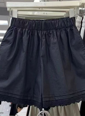黑色蕾丝花边拼接运动短裤女2025新款松紧高腰休闲显瘦百搭阔腿裤