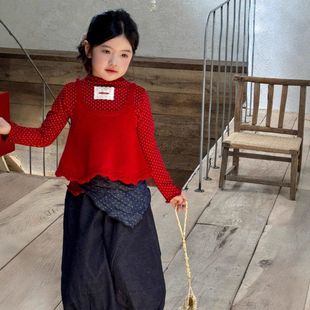 25秋季 儿童洋气时髦红色内搭上衣 新款 女童韩系甜美百搭波点打底衫