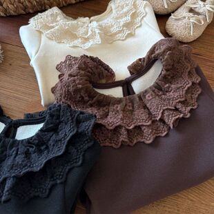 25秋冬款女童洋气韩版蕾丝花边领加绒保暖打底衫儿童百搭套头上衣