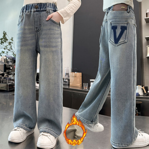 女童牛仔裤秋冬女大童加绒加厚阔腿裤冬季宽松一体绒冬天儿童裤子