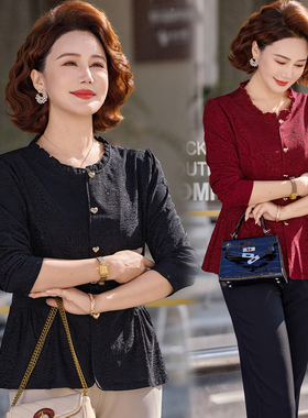 妈妈春装长袖衬衫中老年女木耳边圆领开衫喜婆婆婚宴装气质打底衫