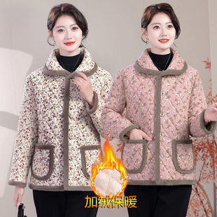 秋冬新款 加绒加厚碎花棉衣妈妈装 保暖棉袄外穿外套大码 中老年女装