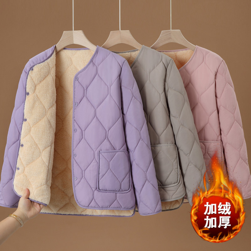 中老年妈妈装加绒内胆棉衣女秋冬轻薄保暖小棉袄外穿V领棉服外套