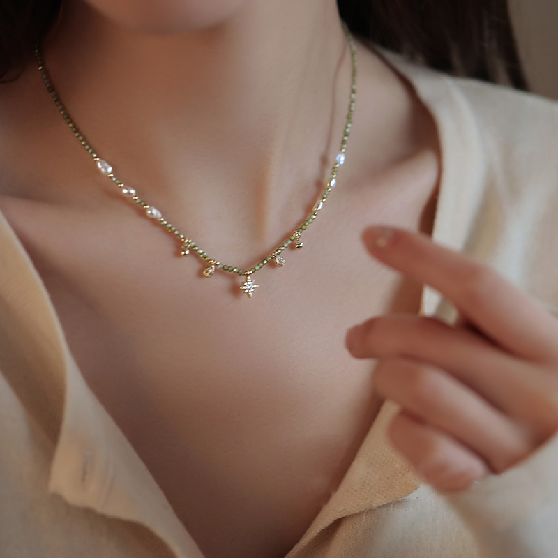 橄榄绿锆石串珠天然巴洛克淡水珍珠项链女轻奢小众锁骨链颈链