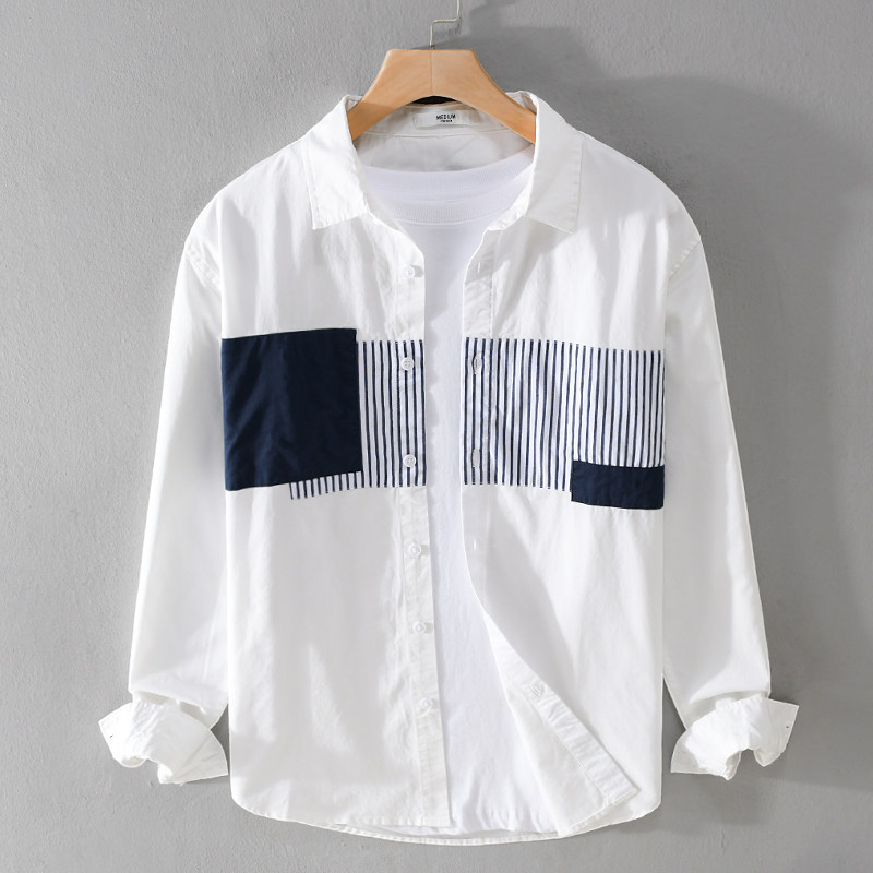 小日子陈晓朱劲草同款春秋季拼接长袖衬衫休闲宽松舒适拼色衬衣服