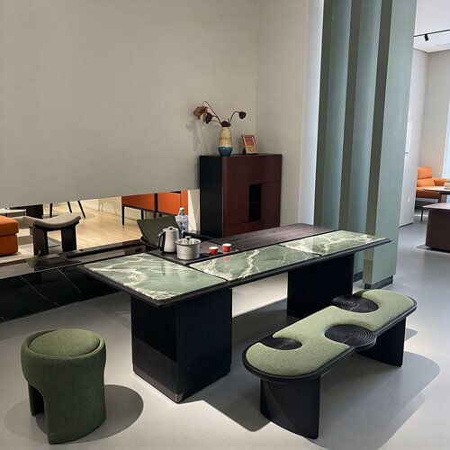 现代轻奢实木茶台天然奢石茶桌黑胡桃木客厅家用牛油果绿大理石
