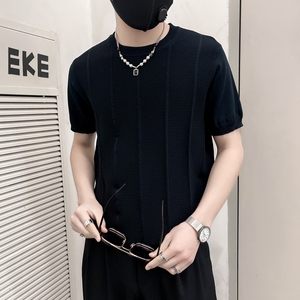ZZ01-P58社会小伙男士夏季新款肌理条纹针织冰凉圆领纯色短袖T恤图片