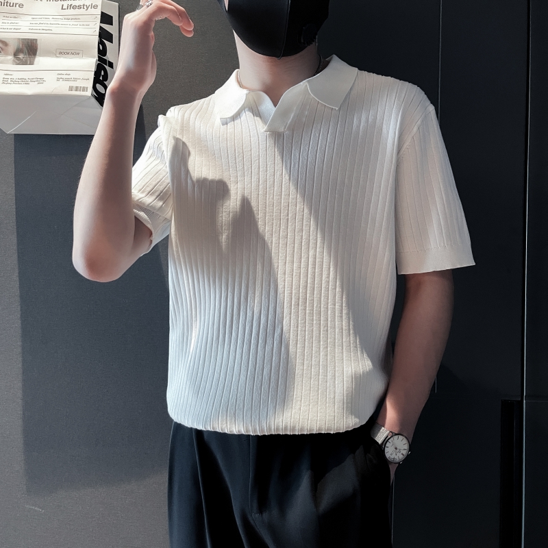 ZZ04-P58社会小伙高端针织男夏季薄款修身V翻领短袖t恤潮牌条纹，男装针织衫/毛衣，电商B363-1